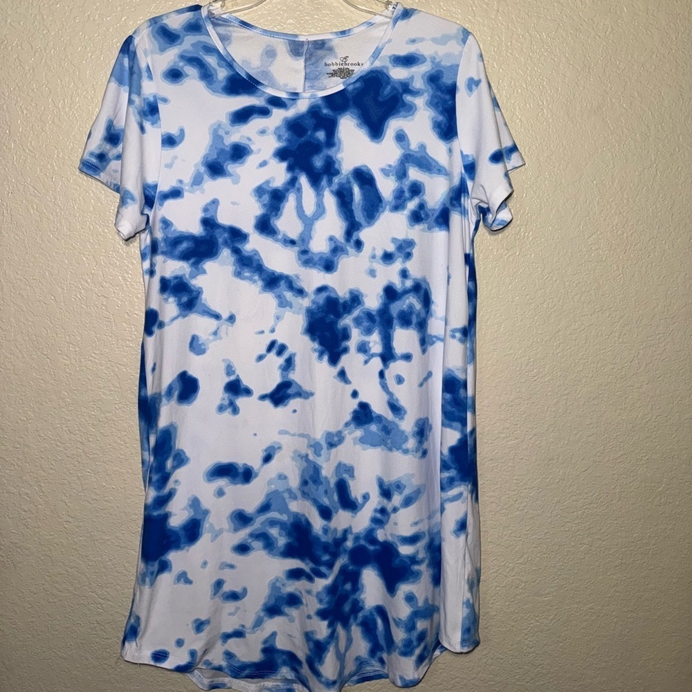 Bobbie Brooks T Shirt Dress Women’s L Blue Tie Dye Hi Low Boho Casual